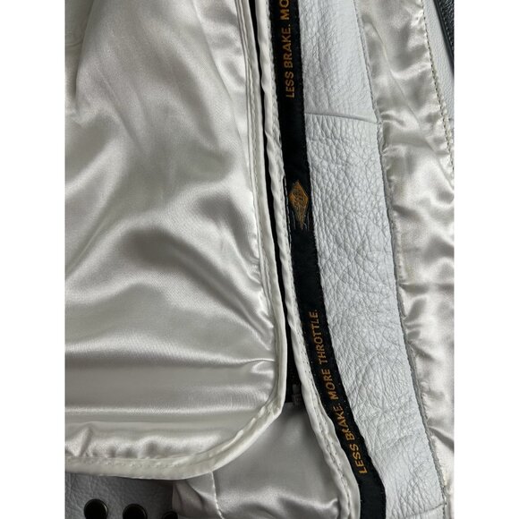 Power Trip Women's Leather Zip Up Motorcycle Jacket Large Cream/Silver Grey - Picture 12 of 16